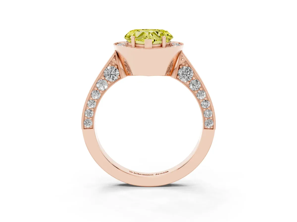 Fancy Yellow Heart Cut Halo Diamond Engagement Ring with Split Shank Band and Four-Prong Setting Rose gold