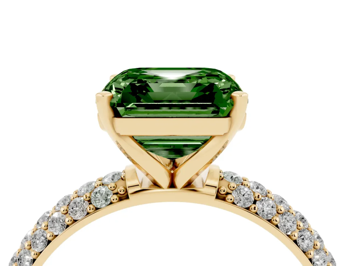 Fancy Green Asscher Cut Diamond Solitaire Ring with Prong Setting and Pavé Band Yellow gold