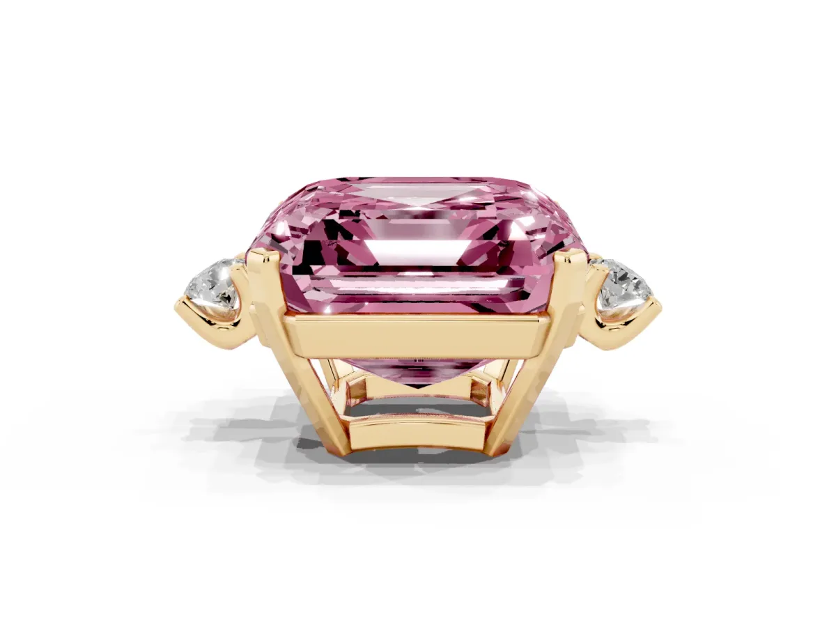 Fancy Pink Asscher Cut Cut Three-Stone Solitaire Ring with Round Accent Diamonds and Four-Prong Setting Yellow gold
