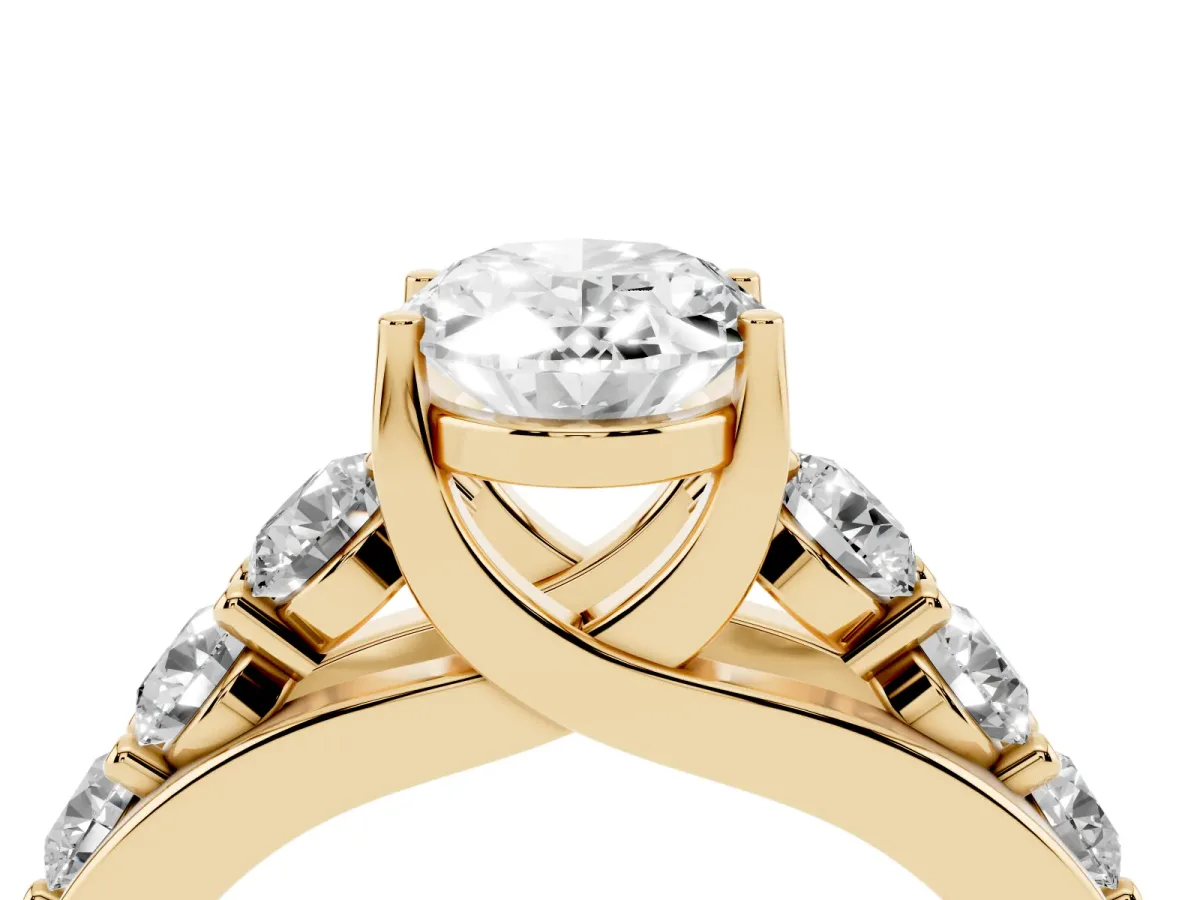 Oval Cut Diamond Engagement Ring with Pavé Band and Four-Prong Setting Yellow gold