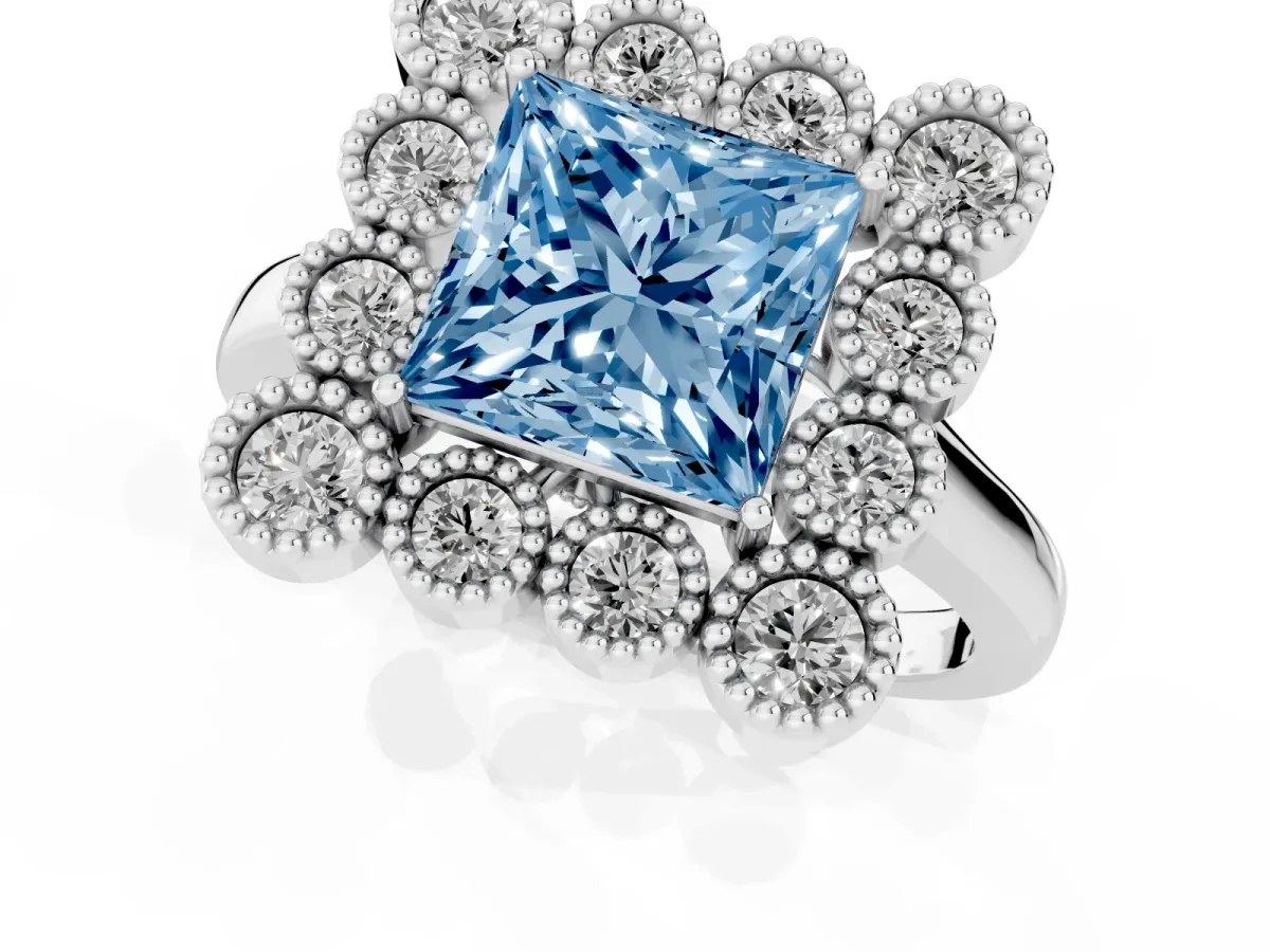 Fancy Blue Princess Cut Halo Diamond Cluster Engagement Ring with Milgrain Bezel Setting and Solitaire Band Silver