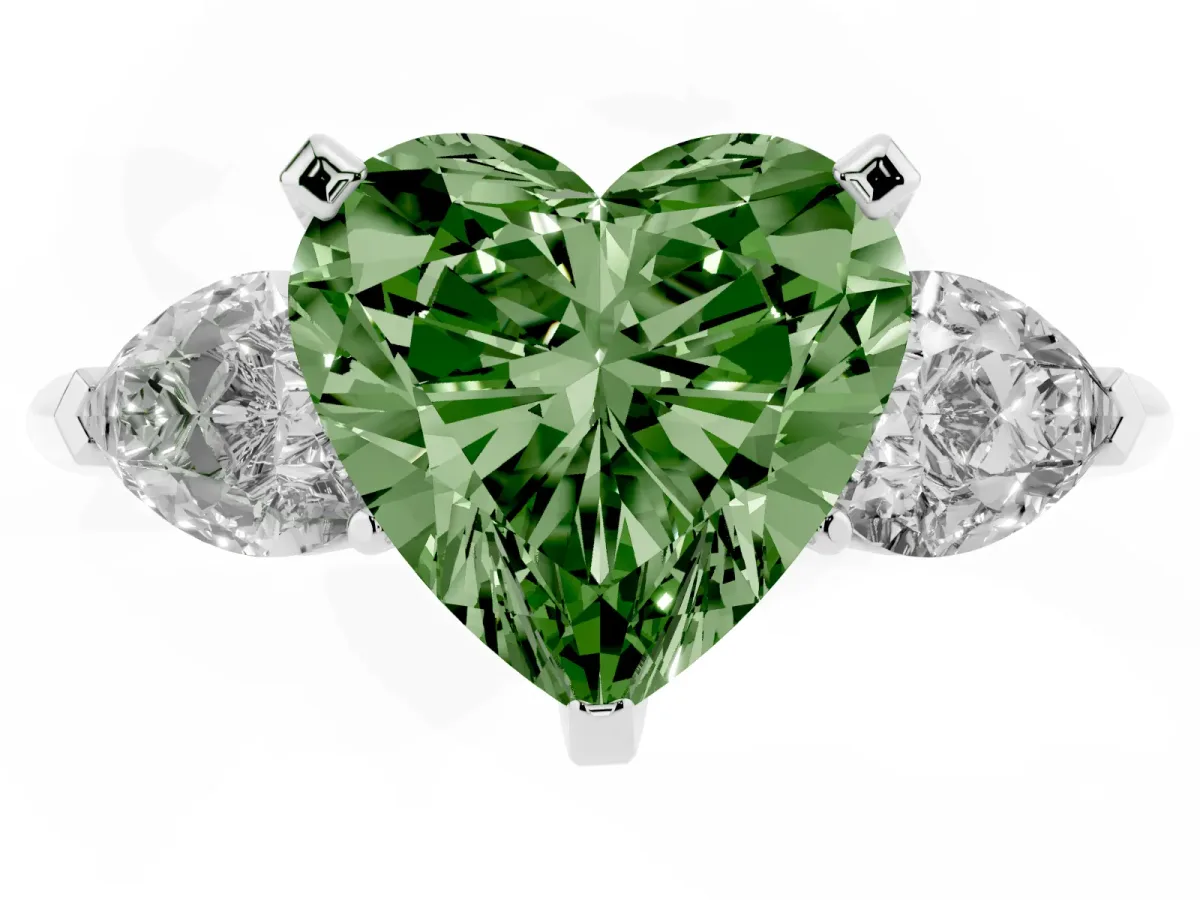 Fancy Green Three-Stone Heart Cut Diamond Ring with Pear Side Stones and Four-Prong Setting Silver