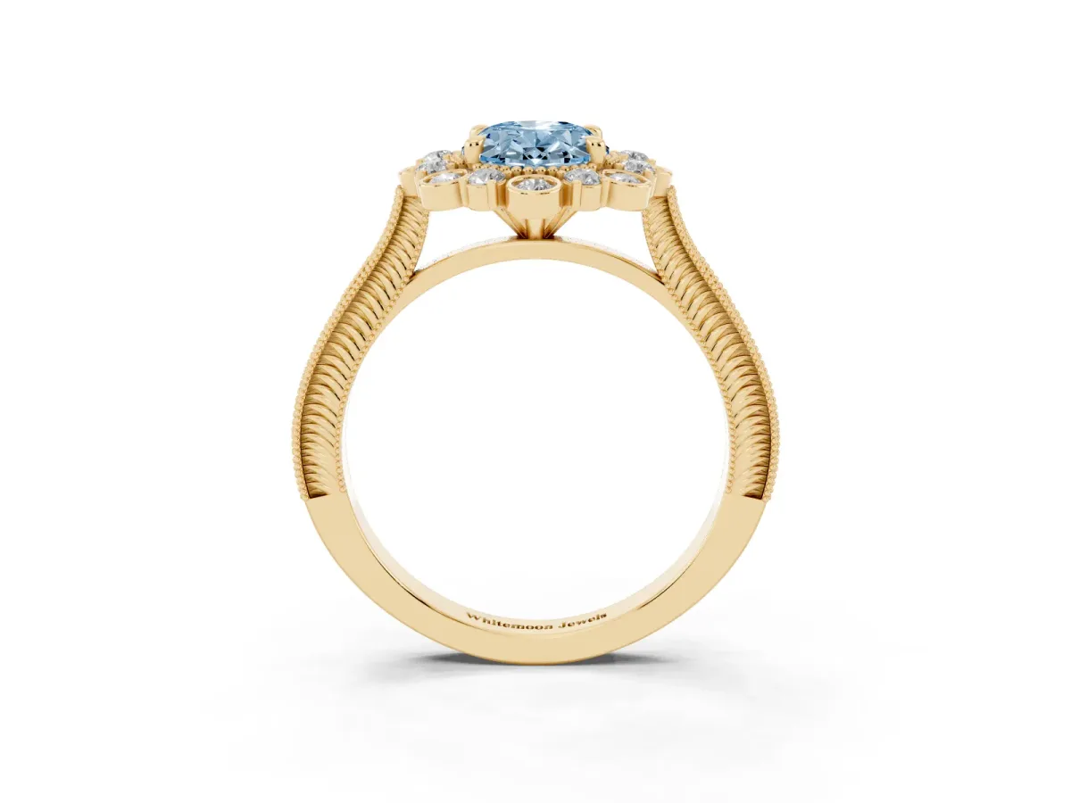 Fancy Blue Oval Cut Halo Milgrain Pave Diamond Ring with Four-Prong Setting Yellow gold
