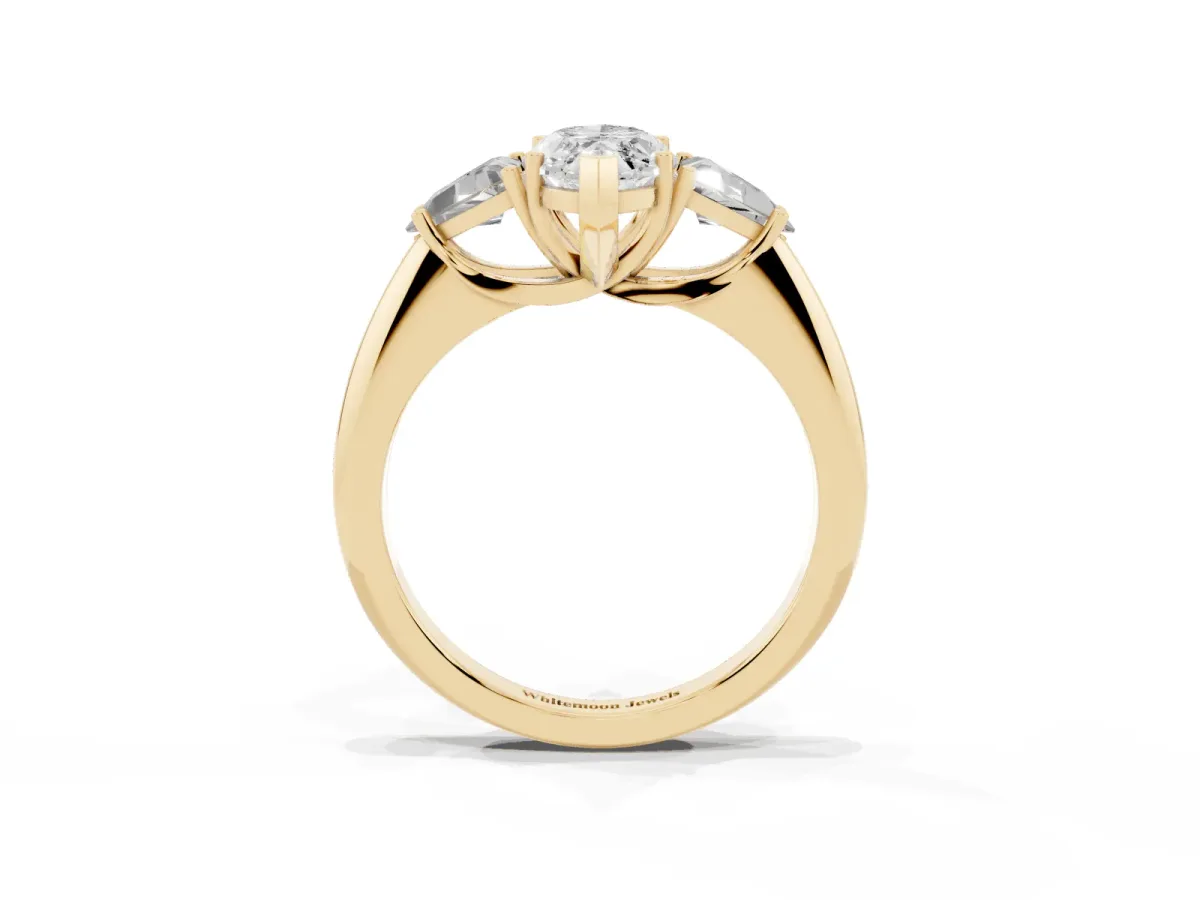 Three-Stone Marquise Cut Diamond Engagement Ring with Trillion Side Stones and Prong Setting Yellow gold