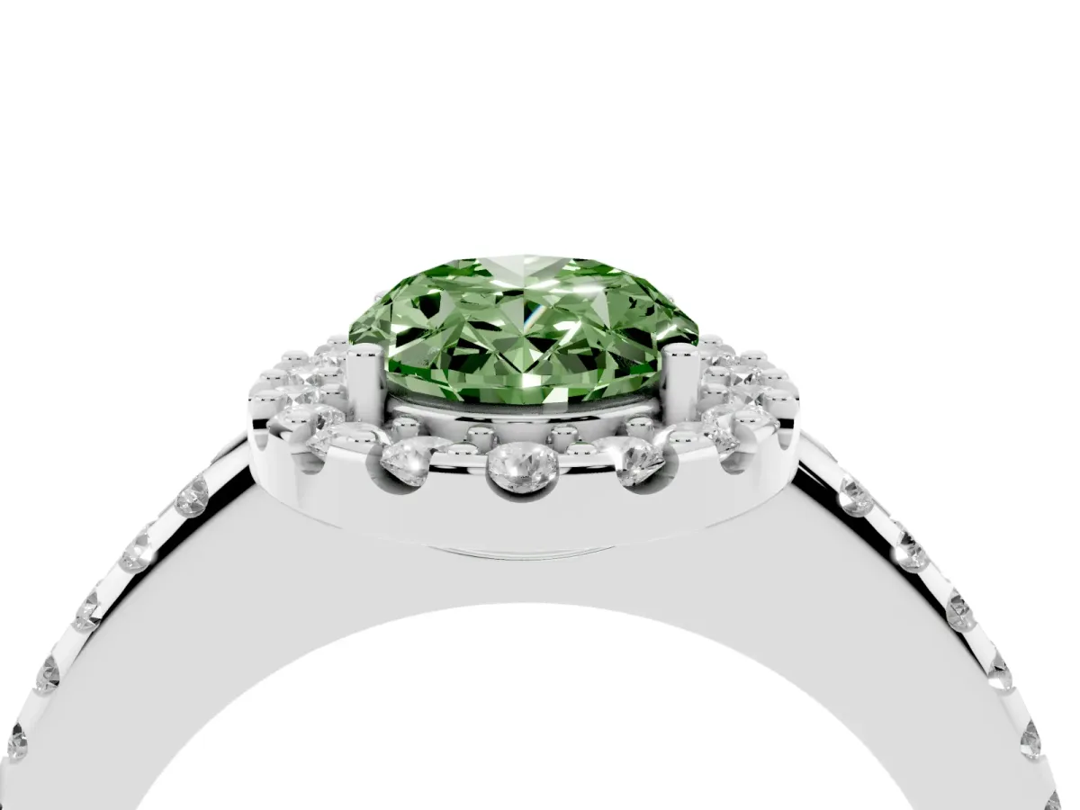 Fancy Green Oval Cut Diamond Pavé Halo Ring with Four-Prong Setting Platinum