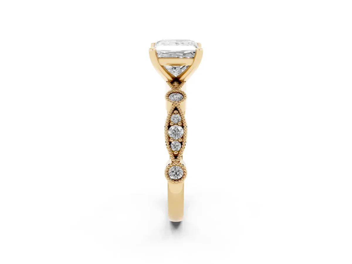 Princess Cut Milgrain Bezel Diamond Engagement Ring with Solitaire Prong Setting Yellow gold