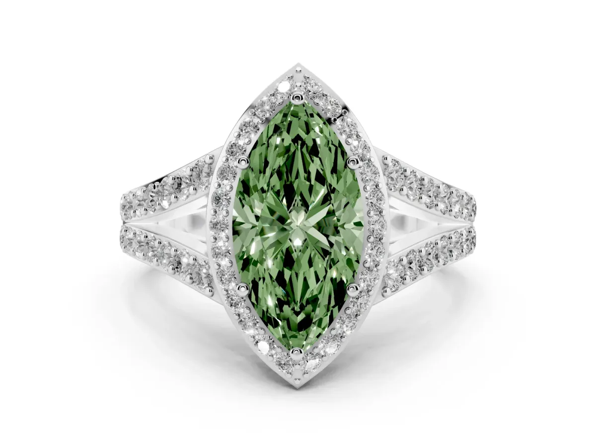 Fancy Green Marquise Cut Diamond Split Shank Halo Ring with Four-Prong Setting Platinum