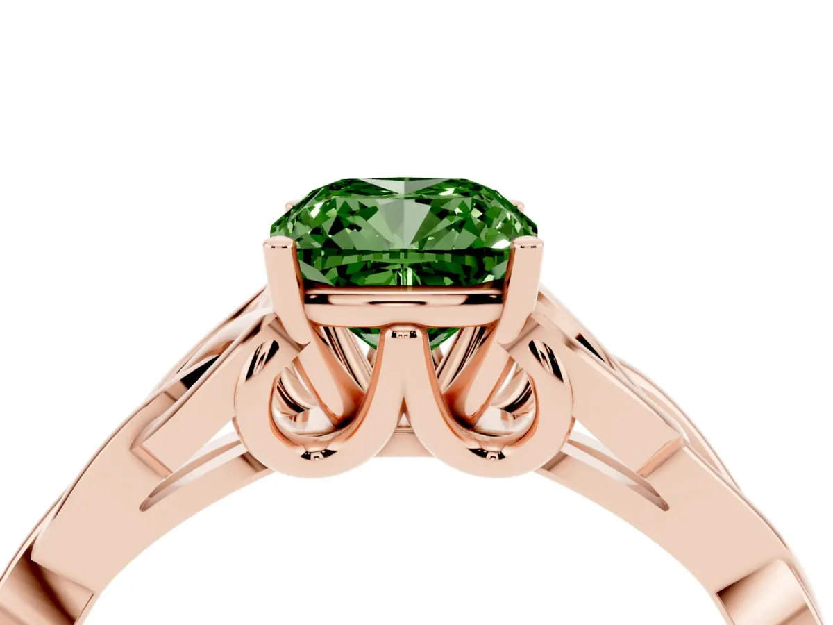 Fancy Green Cushion Cut Diamond Solitaire Engagement Ring with Celtic Knot Band and Four-Prong Setting Rose gold