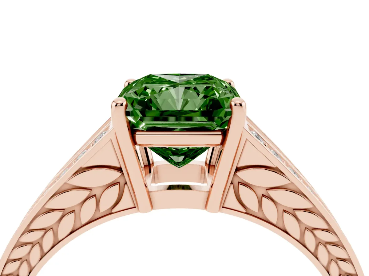 Fancy Green Radiant Cut Diamond Split Shank Ring with Pavé Band and Four-Prong Setting Rose gold