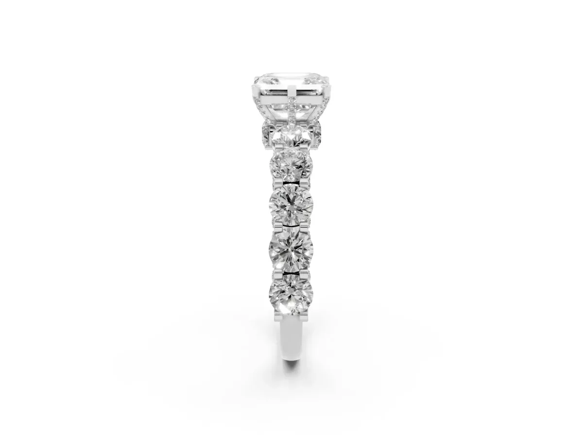 Asscher Cut Diamond Side Stone Engagement Ring with Four-Prong Setting White gold