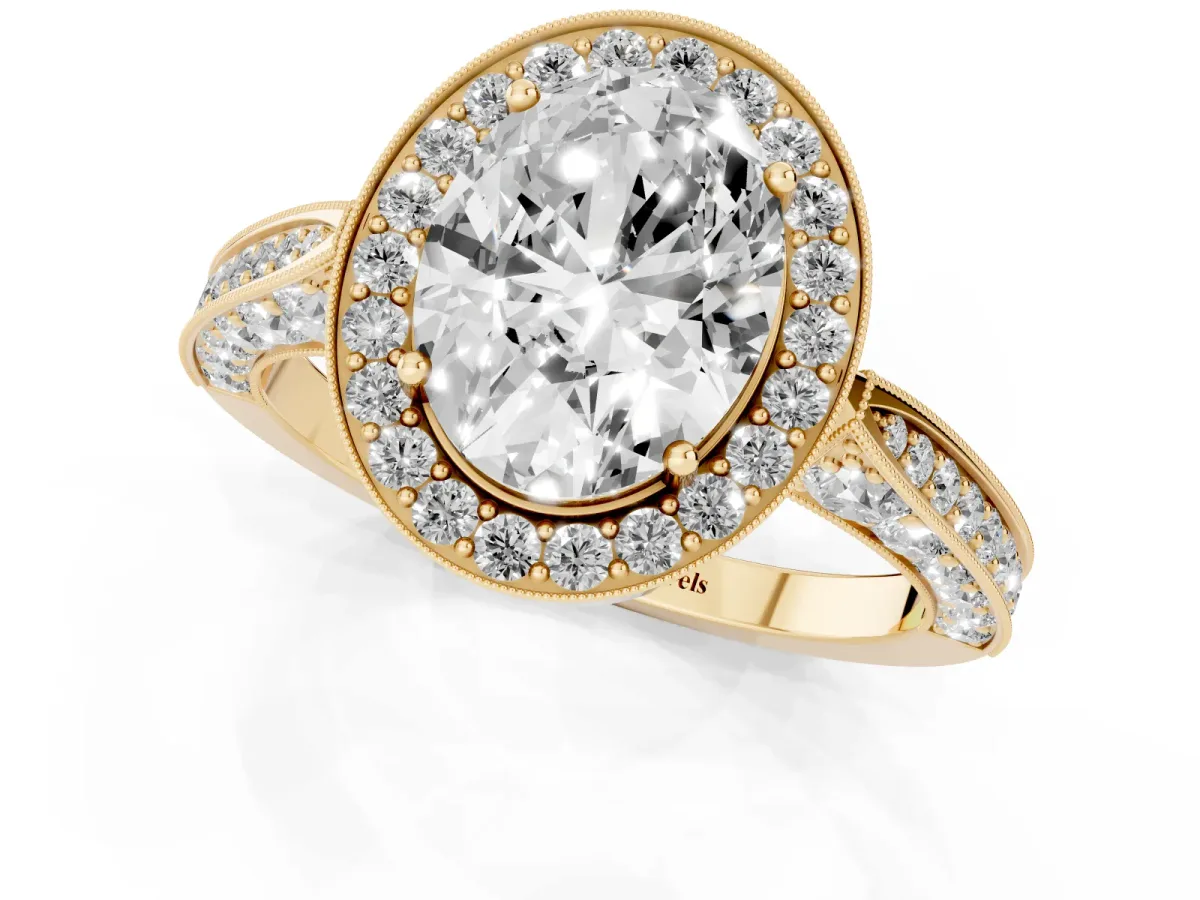 Oval Cut Halo Diamond Engagement Ring with Split Shank Band and Four-Prong Setting Yellow gold