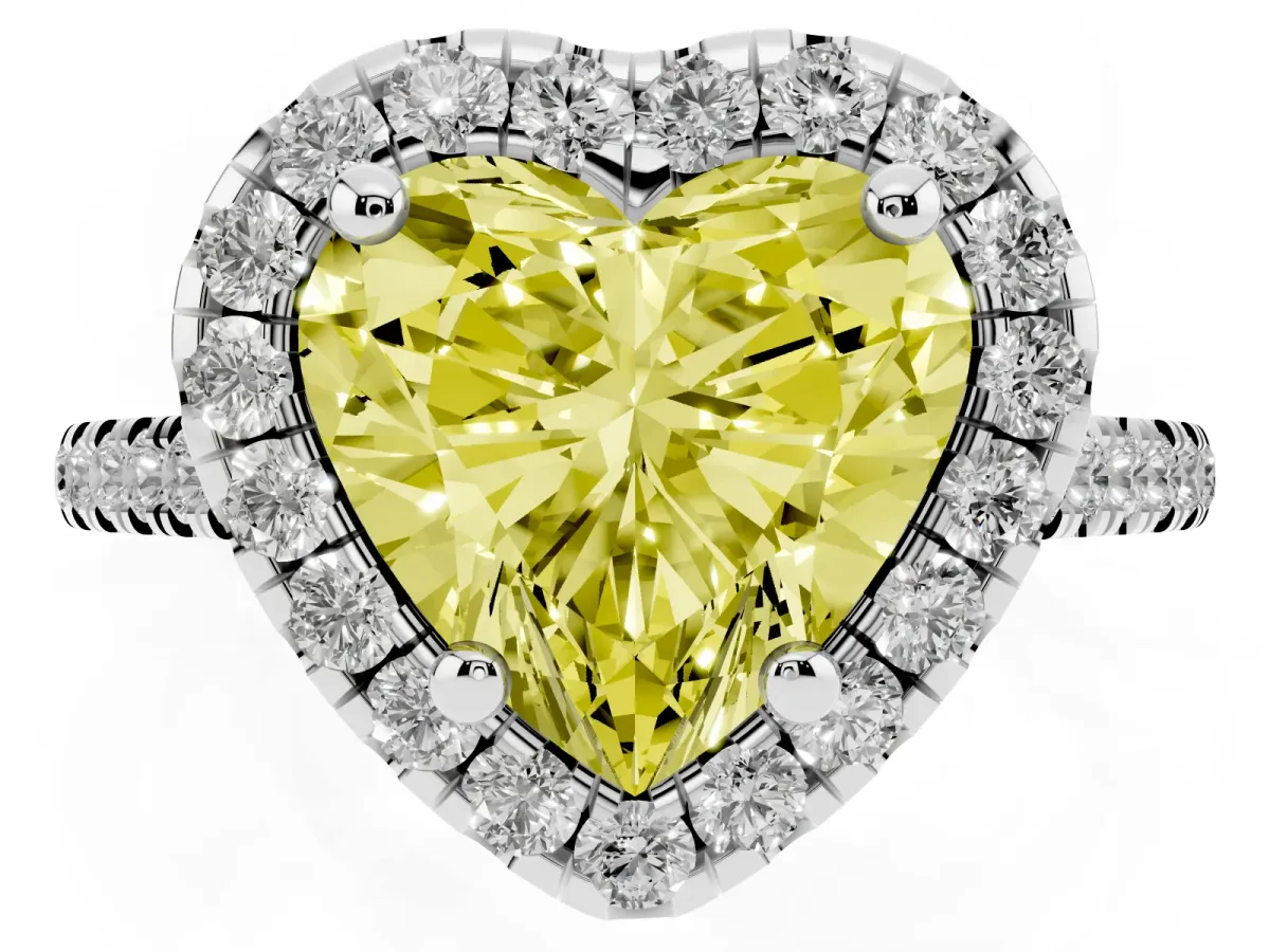 Fancy Yellow Heart Cut Diamond Cushion Halo Ring with Pavé Band Platinum