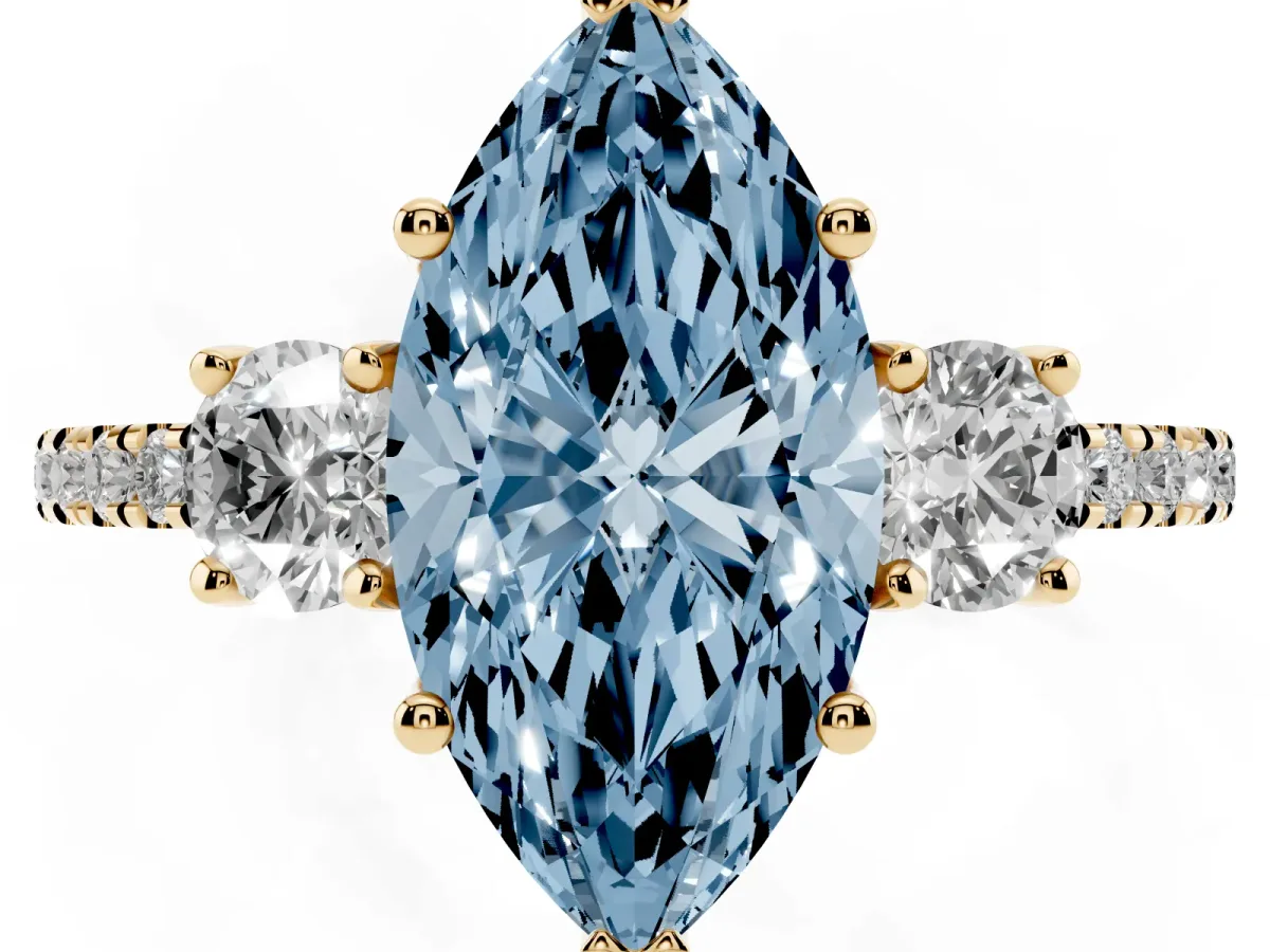 Fancy Blue Three-Stone Marquise Cut Cut Diamond Pavé Band with Prong Setting Yellow gold