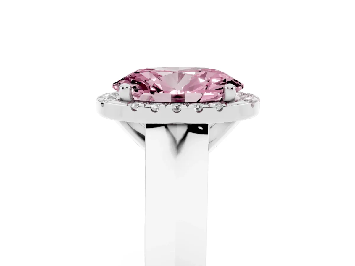 Fancy Pink Oval Cut Halo Diamond Ring with Cathedral Band and Four-Prong Setting Silver
