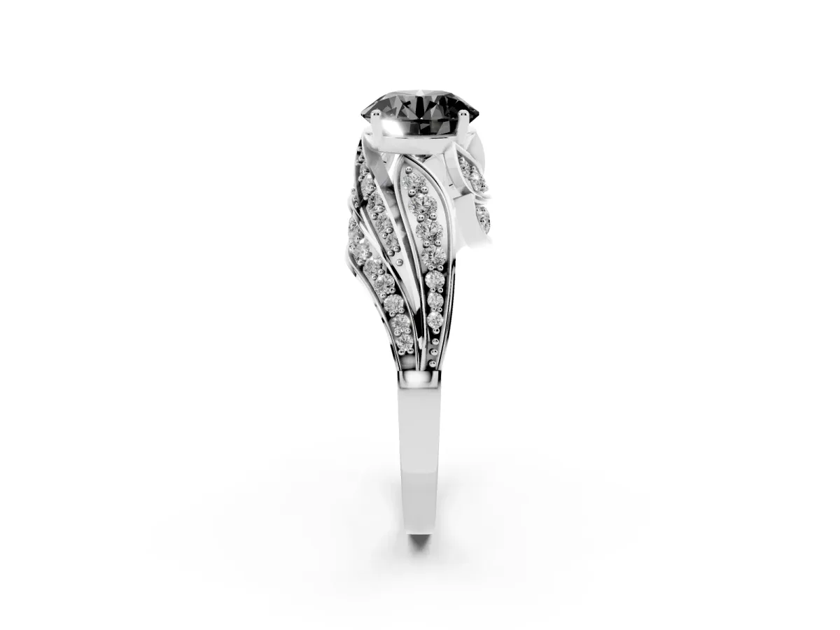 Fancy Black Round Cut Diamond Solitaire Ring with Prong Setting and Twisted Pavé Band Silver