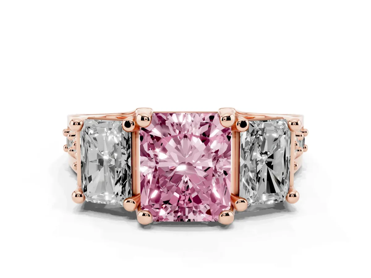 Fancy Pink Radiant Cut Diamond Three-Stone Ring with Channel Set Band and Four-Prong Setting Rose gold