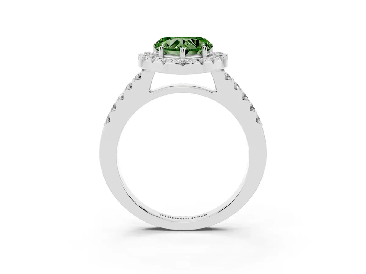 Fancy Green Heart Cut Halo Diamond Pavé Solitaire Ring Silver