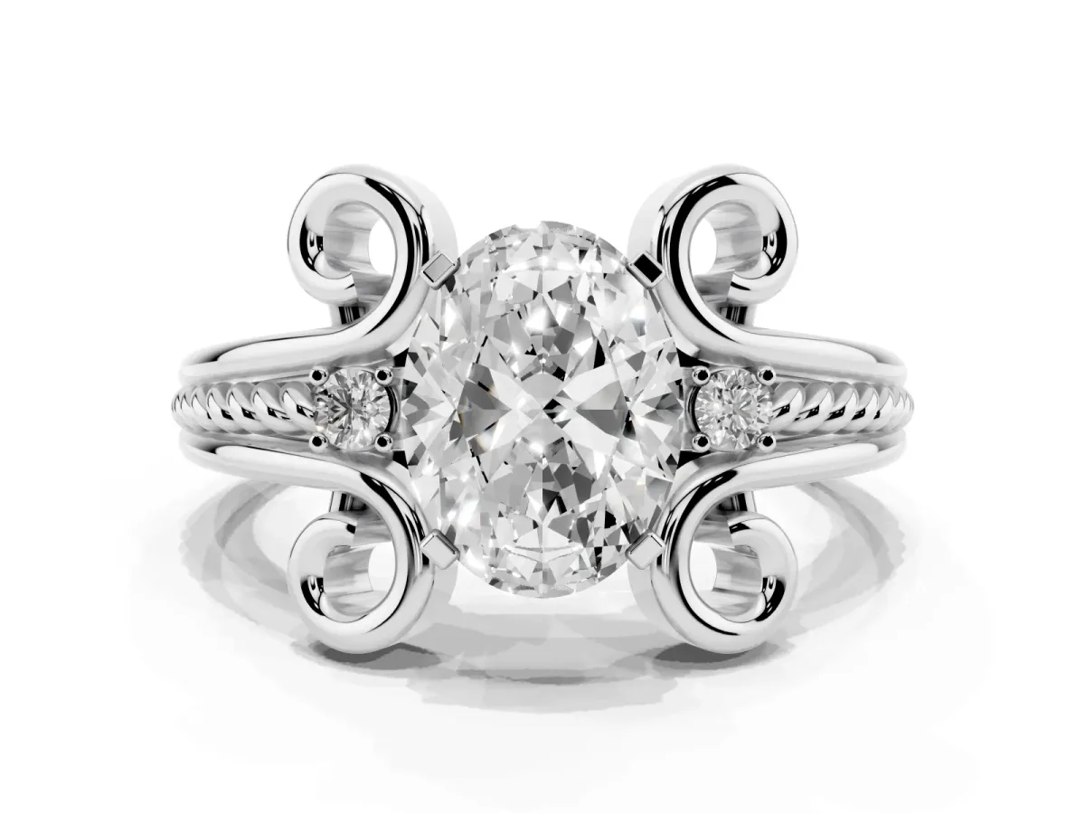 Oval Cut Solitaire Twisted Band Scroll Prong Ring Silver