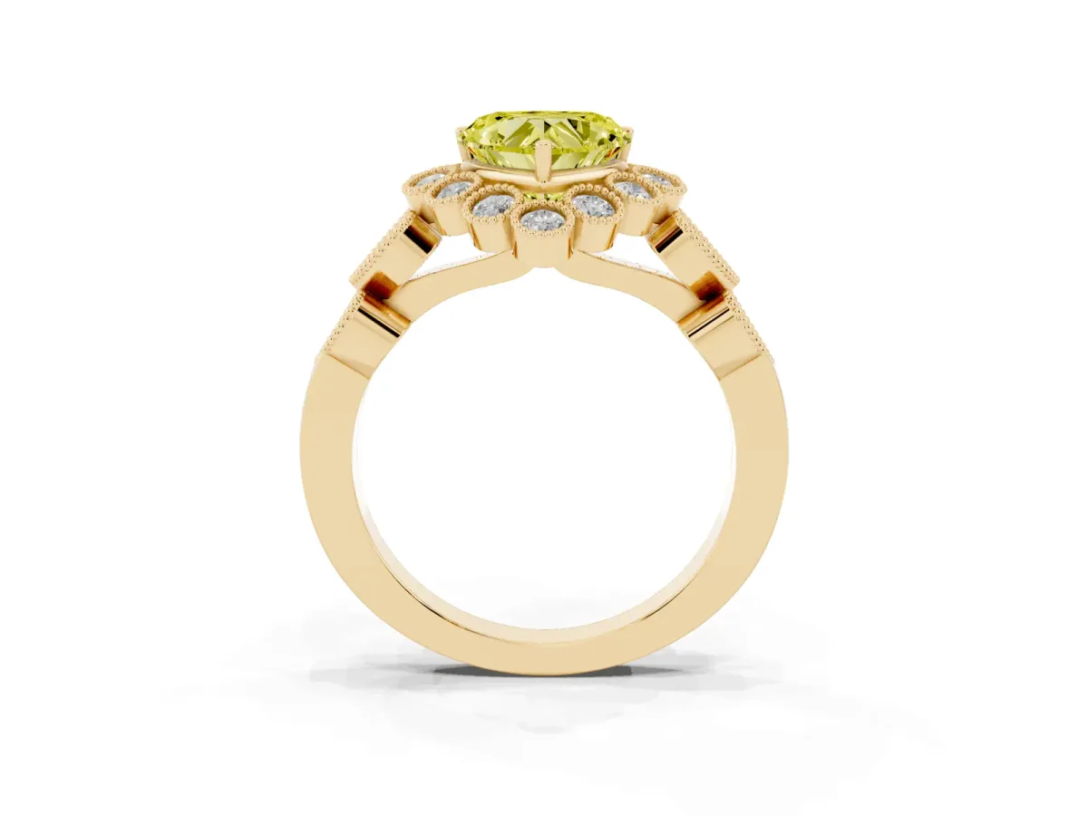 Fancy Yellow Heart Cut Brilliant Milgrain Pave Heart Band Solitaire Ring Yellow gold