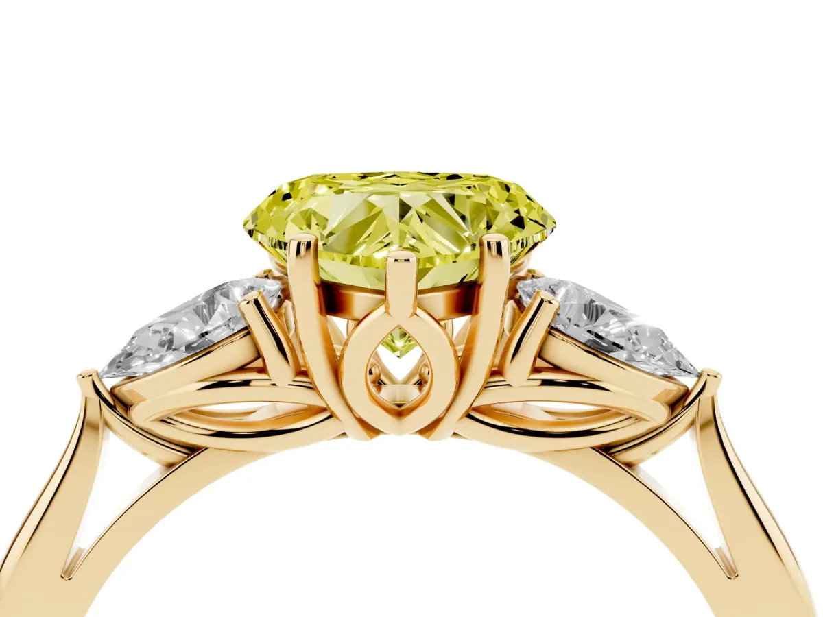 Fancy Yellow Heart Cut Diamond Three-Stone Ring with Pear Side Stones and Prong Setting Yellow gold