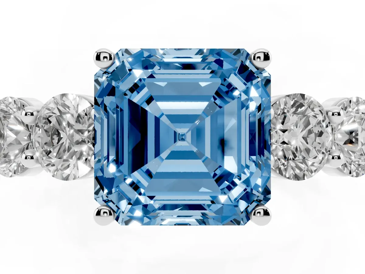 Fancy Blue Asscher Cut Cut Five-Stone Prong Set Diamond Ring with Classic Band White gold