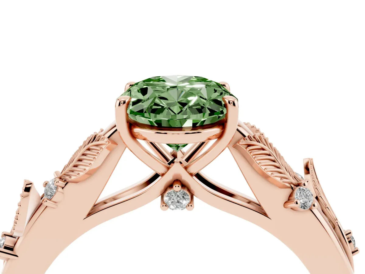 Fancy Green Oval Cut Diamond Solitaire Ring with Leaf Motif Band and Four-Prong Setting Rose gold