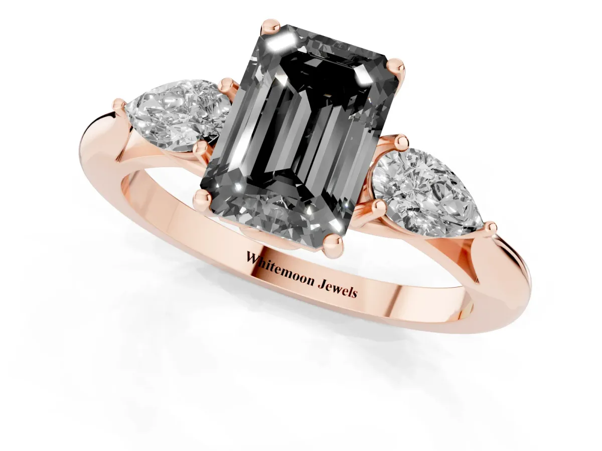 Fancy Black Emerald Cut Diamond Three-Stone Ring with Pear Side Stones and Prong Setting Rose gold
