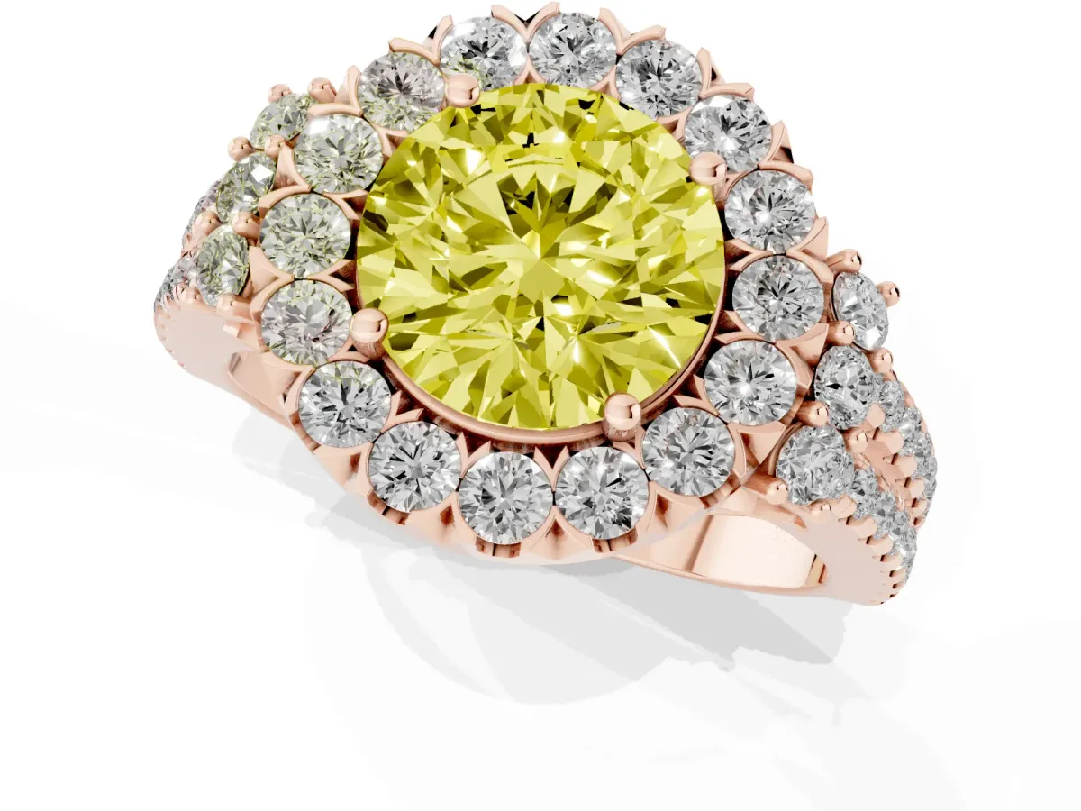 Fancy Yellow Round Cut Cut Double Halo Diamond Engagement Ring with Pave Band and Four-Prong Setting Rose gold