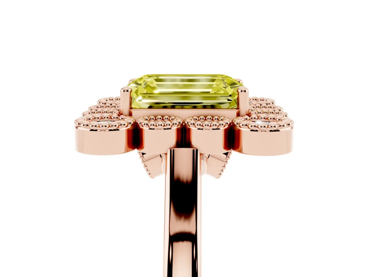 Fancy Yellow Emerald Cut Halo Diamond Cluster Engagement Ring with Milgrain Bezel Setting and Solitaire Band Rose gold