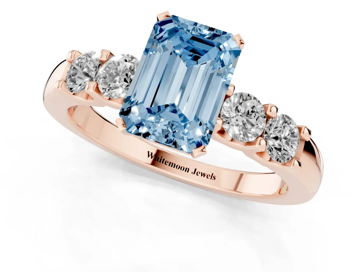 Fancy Blue Emerald Cut Brilliant Cut Diamond Five-Stone Prong Set Engagement Ring with Channel Band Rose gold