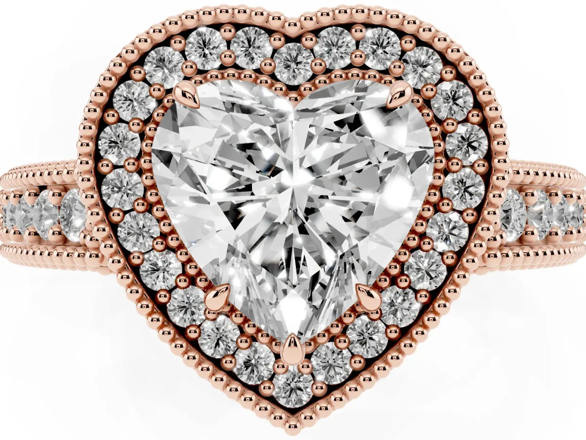 Heart Cut Cut Halo Diamond Ring with Pavé Band and Four-Prong Setting Rose gold