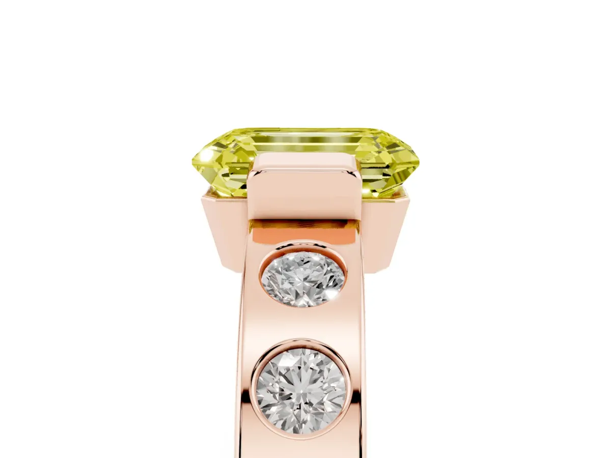 Fancy Yellow Emerald Cut Brilliant Channel-Set Diamond Ring with Bezel Prong Setting Rose gold