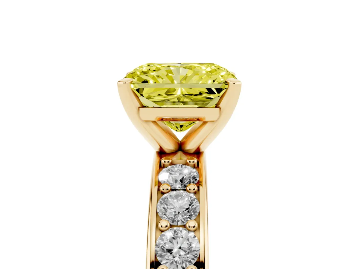 Fancy Yellow Radiant Cut Diamond Engagement Ring with Channel Set Round Band and Prong Setting Yellow gold
