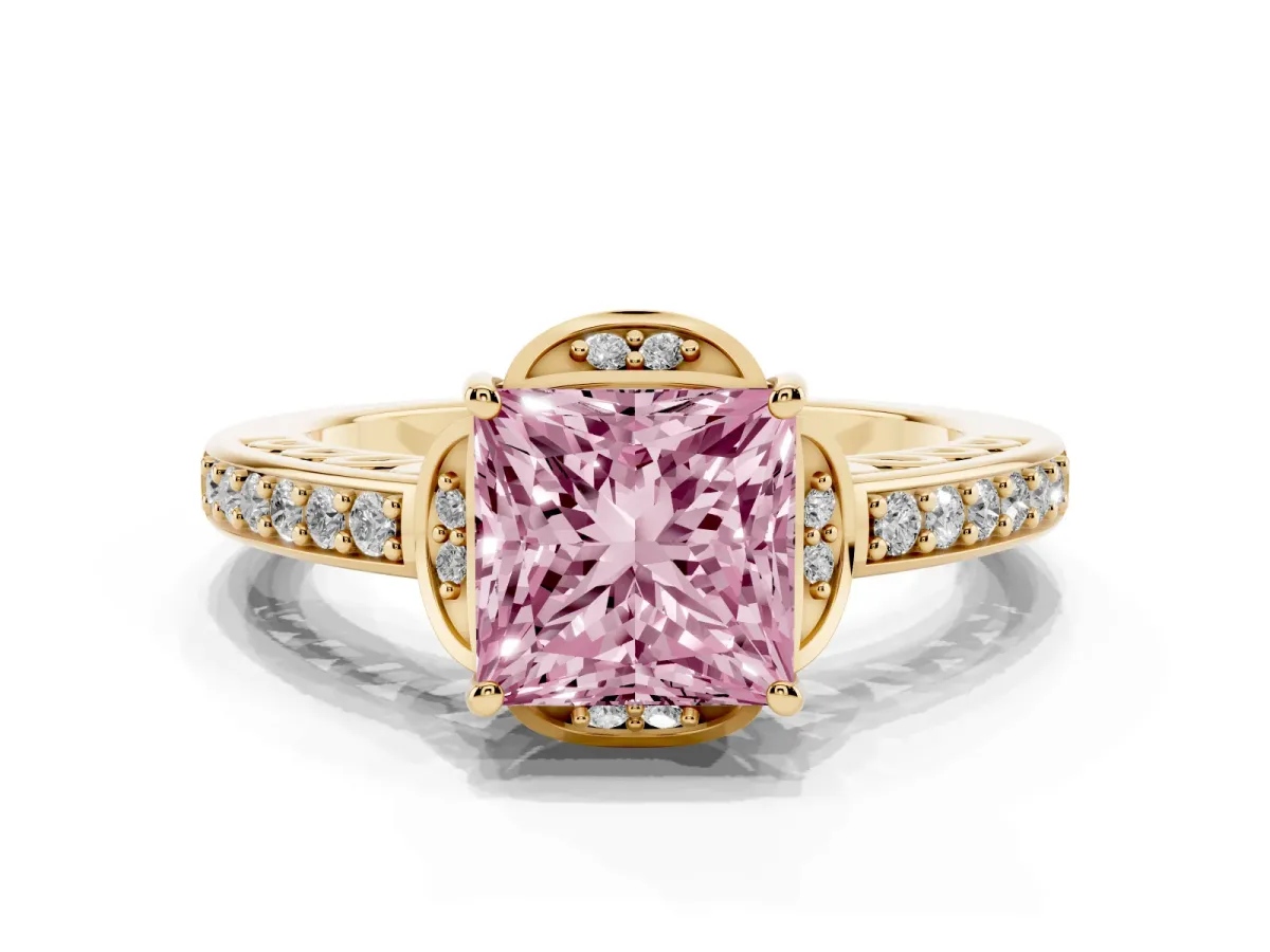 Fancy Pink Princess Cut Cut Halo Diamond Ring with Channel Set Band and Four-Prong Setting Yellow gold