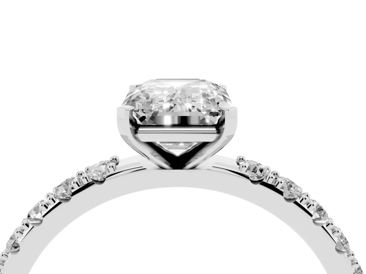 Emerald Cut Diamond Solitaire Pavé Band with Four-Prong Setting Platinum