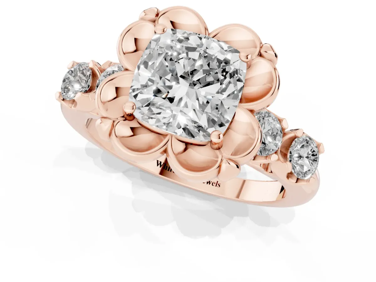 Cushion Cut Cut Diamond Floral Halo Engagement Ring with Shared Prong Setting Rose gold