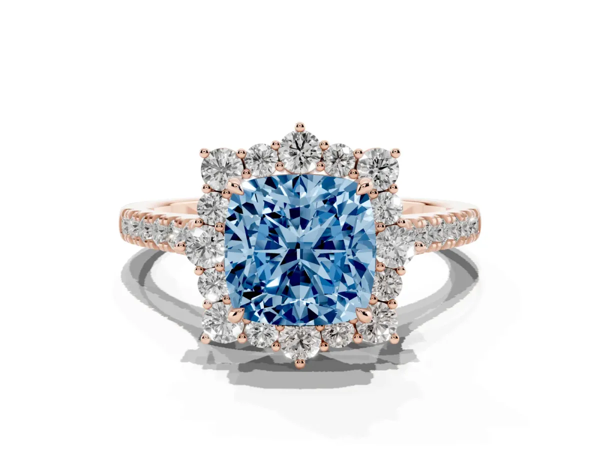Fancy Blue Cushion Cut Halo Diamond Ring with Pavé Band and Prong Setting Rose gold