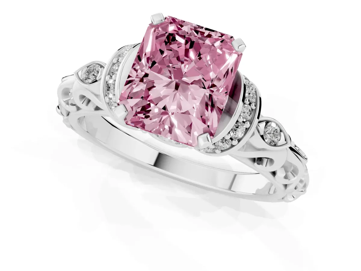 Fancy Pink Radiant Cut Diamond Solitaire Ring with Filigree Band and Four-Prong Setting Silver