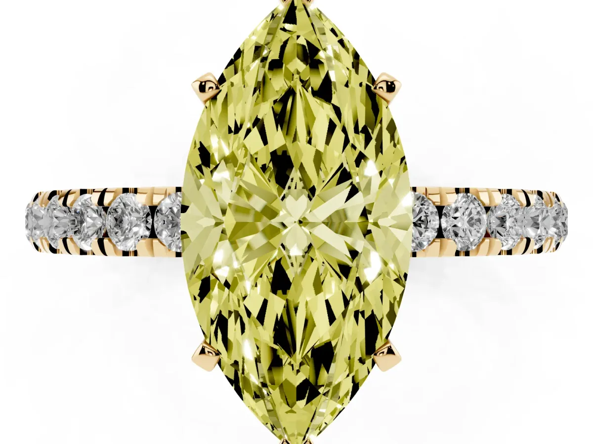 Fancy Yellow Marquise Cut Diamond Solitaire Ring with Pavé Accents and Four-Prong Setting Yellow gold