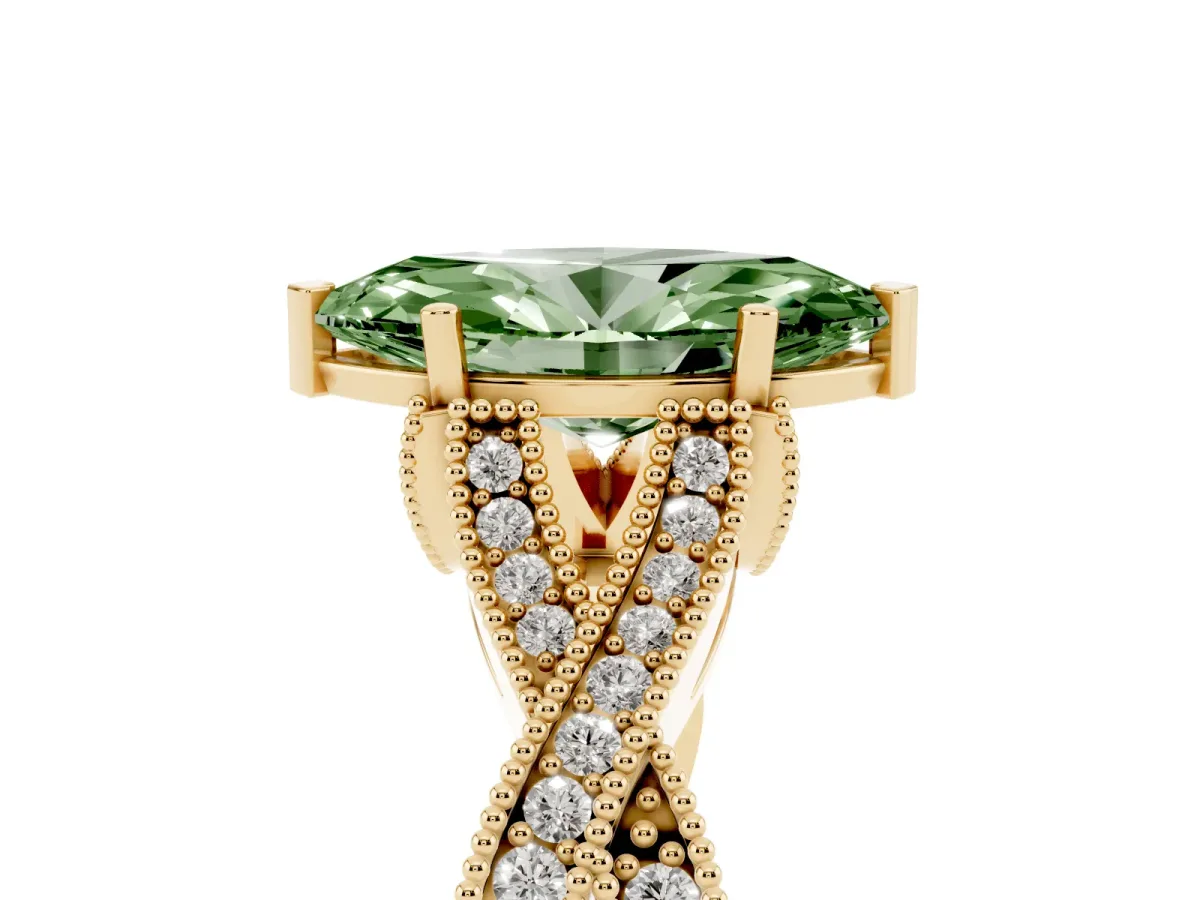 Fancy Green Marquise Cut Cut Diamond Twisted Band with Milgrain Pave Setting and Four-Prong Setting Yellow gold
