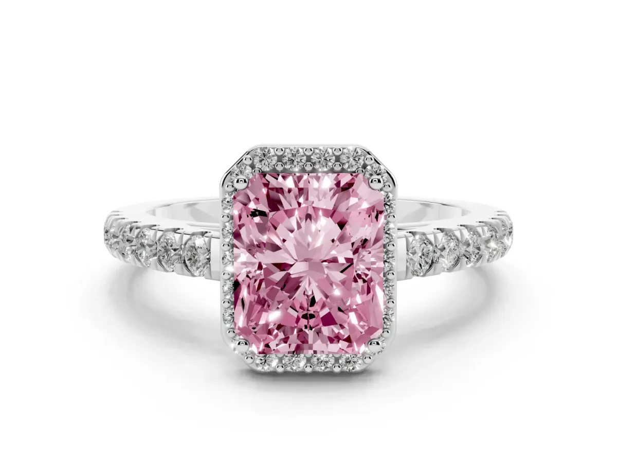 Fancy Pink Radiant Cut Cut Halo Diamond Engagement Ring with Pave Band and Four-Prong Setting Platinum