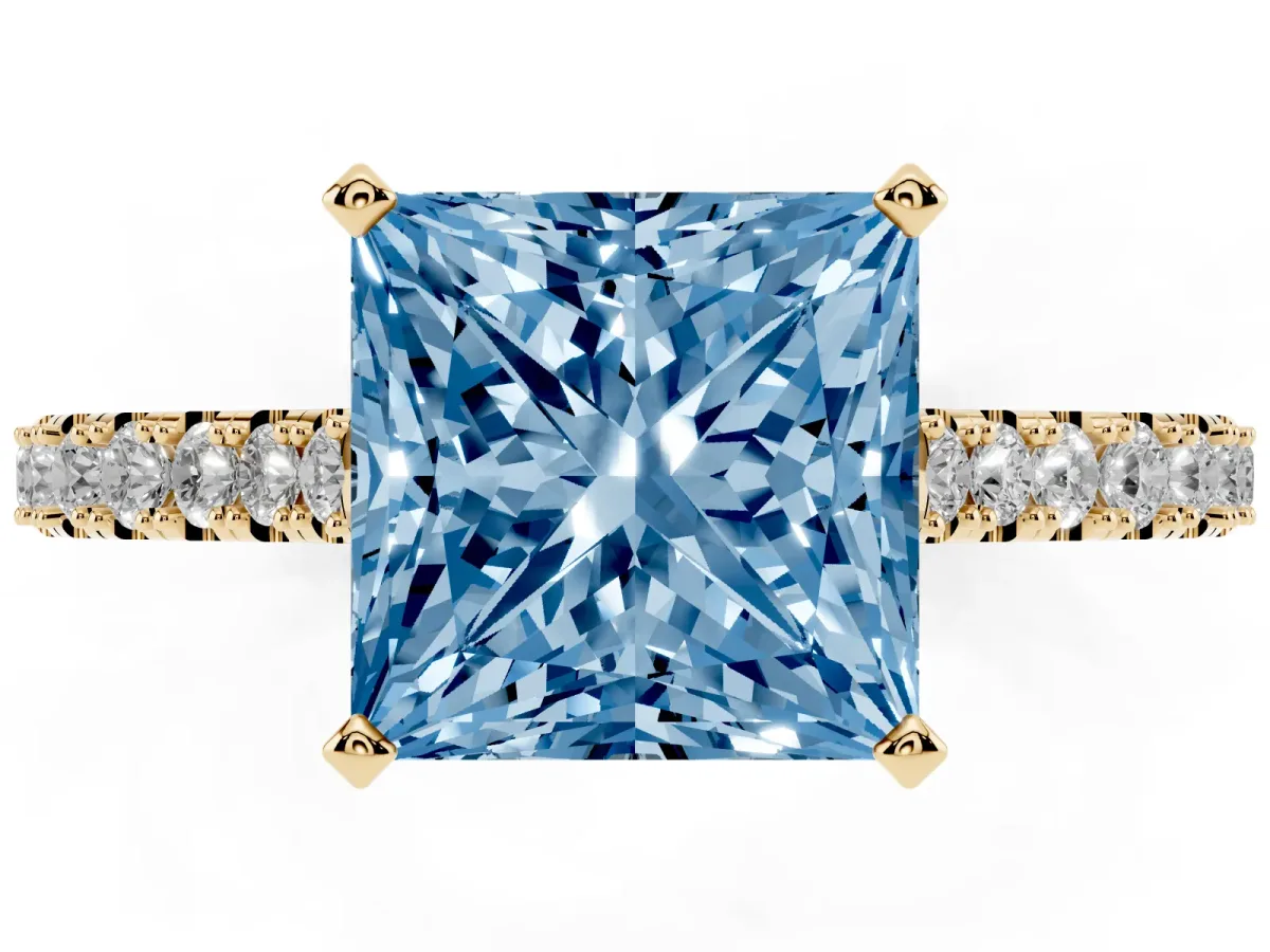 Fancy Blue Princess Cut Cut Solitaire Diamond Engagement Ring with Pave Band and Four-Prong Setting Yellow gold
