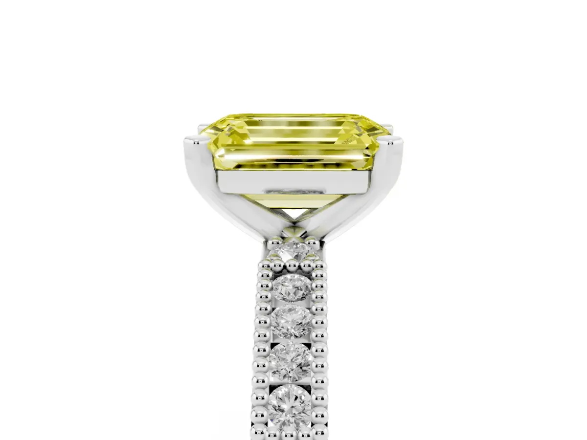 Fancy Yellow Emerald Cut Solitaire with Pavé Band and Four-Prong Setting Silver