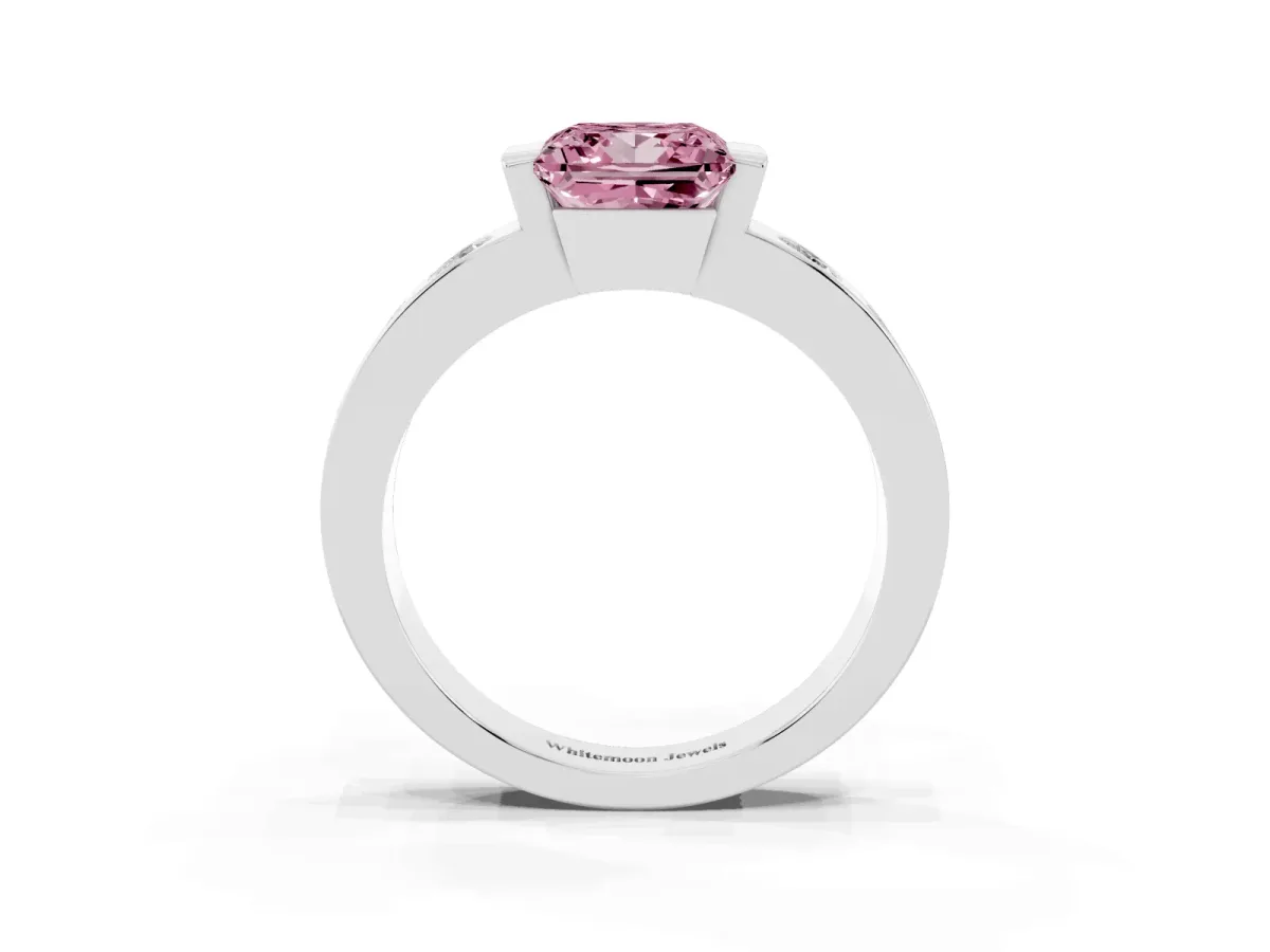 Fancy Pink Princess Cut Brilliant Channel-Set Diamond Ring with Bezel Prong Setting Silver