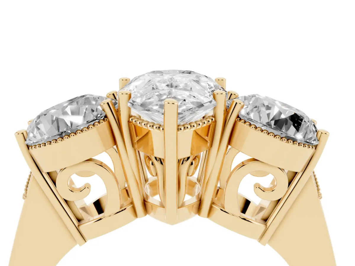Three-Stone Pear Cut Diamond Engagement Ring with Prong Setting on a Classic Band Yellow gold