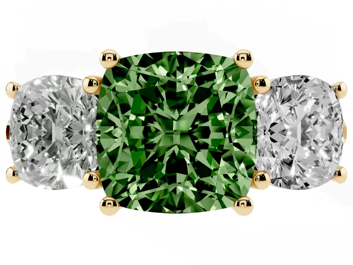 Fancy Green Three-Stone Cushion Cut Diamond Ring with Round Pavé Band and Prong Setting Yellow gold