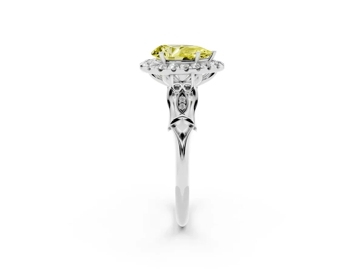Fancy Yellow Pear Cut Halo Diamond Engagement Ring with Filigree Band and Four-Prong Setting White gold