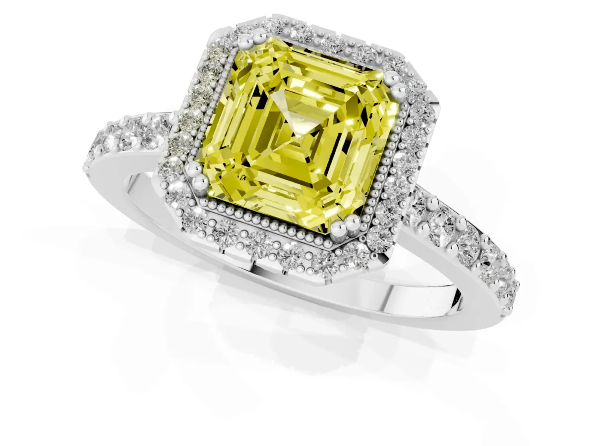 Fancy Yellow Asscher Cut Cut Diamond Halo Engagement Ring with Milgrain Detail and Pavé Band Platinum