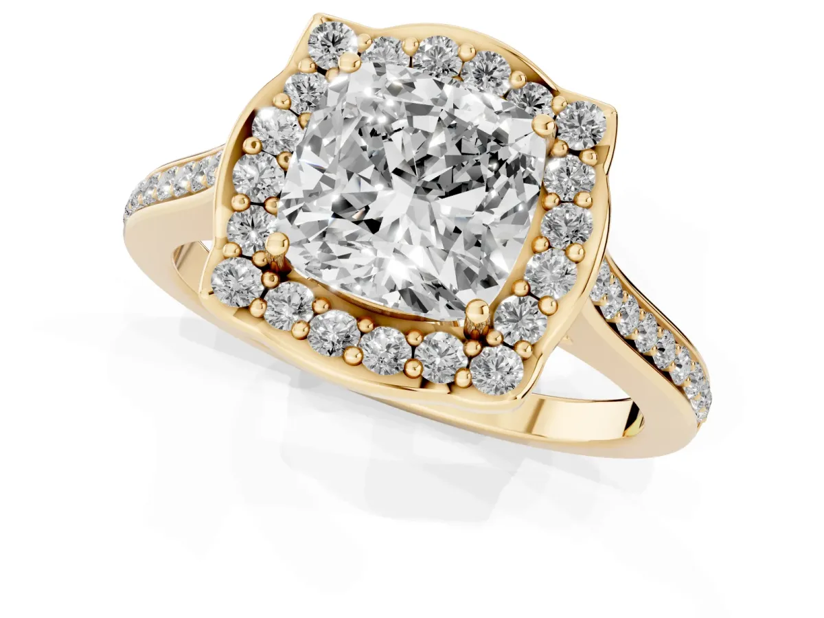 Cushion Cut Halo Round Diamond Pave Band with Four-Prong Setting Yellow gold