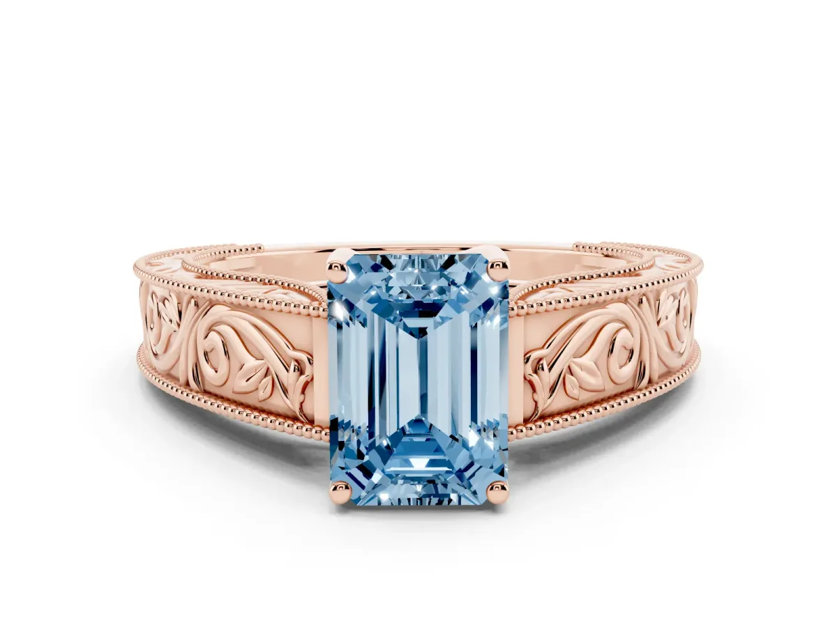 Fancy Blue Emerald Cut Diamond Solitaire Ring with Engraved Band and Four-Prong Setting Rose gold